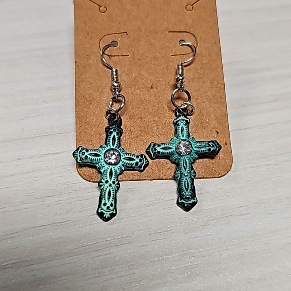 Handmade Pewter Cross Pendant earrings NWT